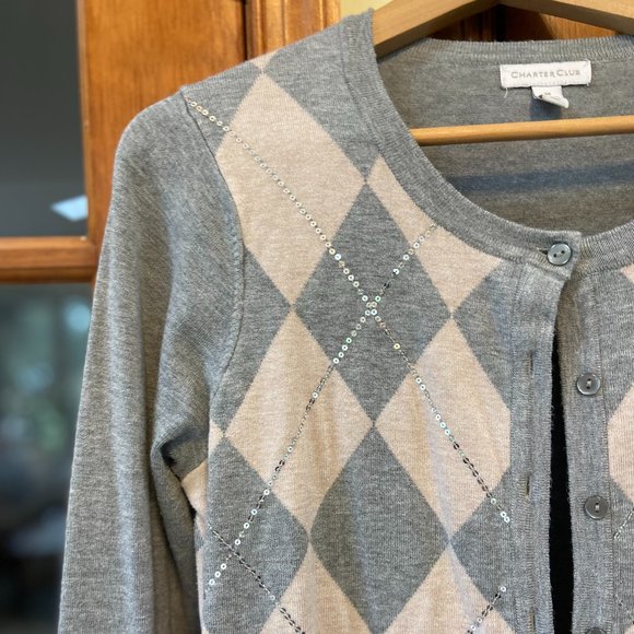 Charter Club grey and pink with sequins cardigan sweater, size M - Picture 3 of 4
